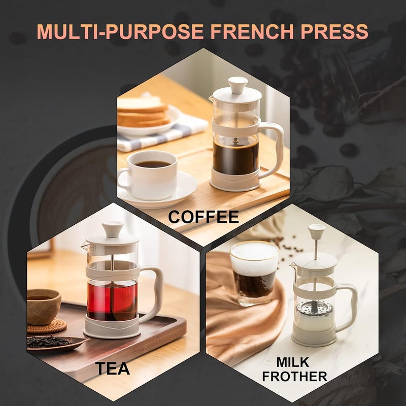 PARACITY French Press Coffee/Tea Maker, Camping Mini Coffee/Tea Press of 304 Stainless Steel Filter and Heat Resistant Glass, Cold Brew Coffee Maker 11.8OZ for Travel& Home Gift(White) - Image 3